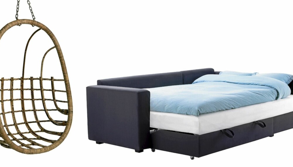 LURE LØSNINGER: Hengestolen i bambus kan tas ut om sommeren, kr 885, Verket Interiør. Hjørnesofaen kan gjøres om til seng og har egen skuff til sengetøyet, kr 4750, Ikea.