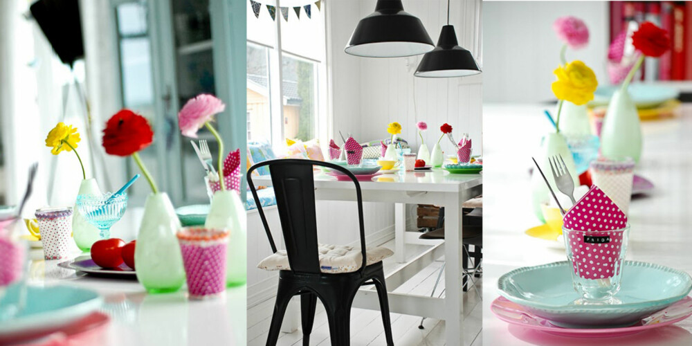 SUKKERTØYFARGER: Ingrid med bloggen Fjeldborg har dekket sitt festbord med de søteste klareste farger.