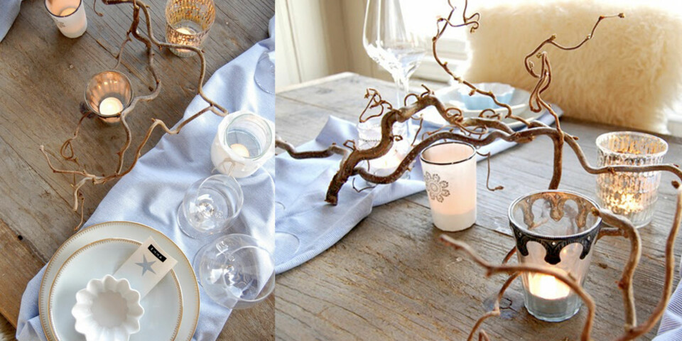 SART NATUR: Cecilie har benyttet en grein som borddekorasjon og pyntet rundt denne.