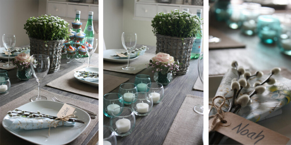 HIMMEL OG HAV: Brun - og blåtoner er vakre sammen på dette festbordet.