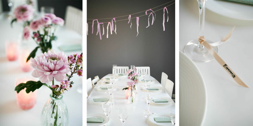 ROSA ROMANTIKK: Et nesten hvitt bord med innslag av duse rosatoner er både delikat og lekkert.