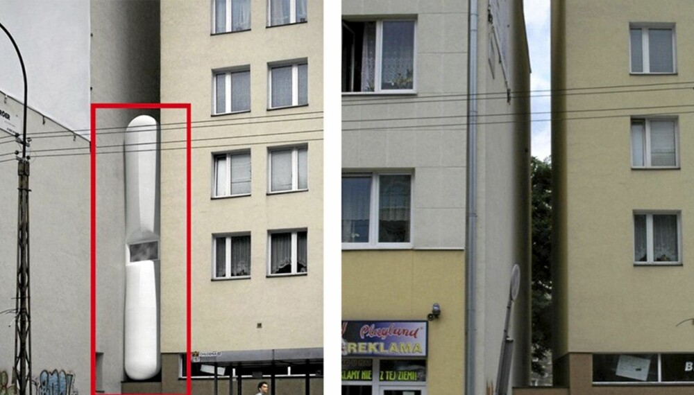 INNEKLEMT: Keret House skal skvises på plass mellom to andre bygninger. INNEKLEMT: Keret House skal skvises på plass mellom to andre bygninger.