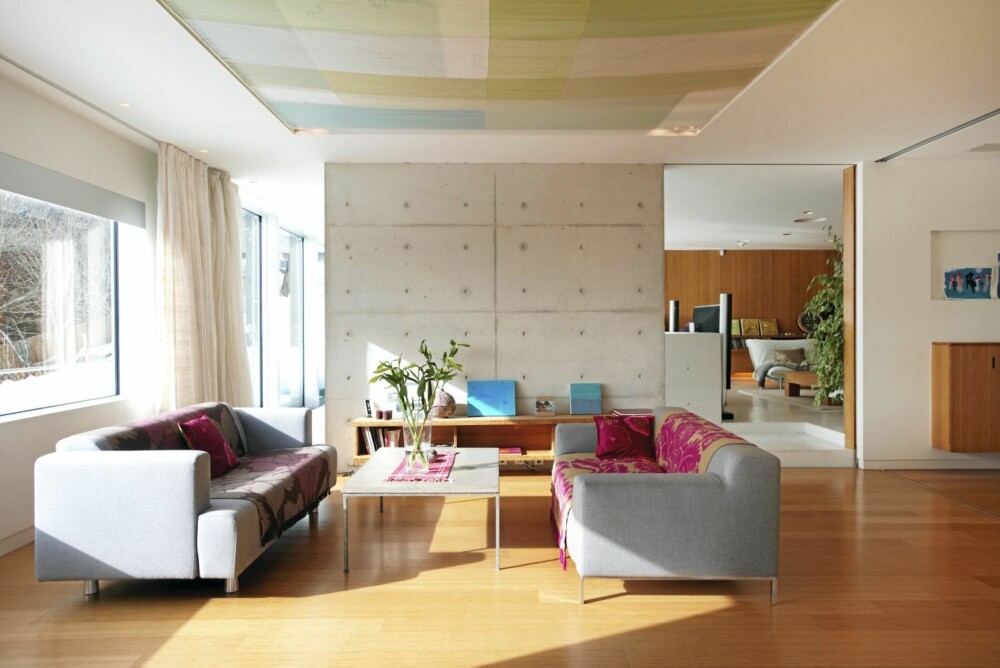 STUE I SÆRKLASSE: Den grå og litt matte betongen på veggen skaper en utmerket bakgrunn for de moderne stuemøblene.