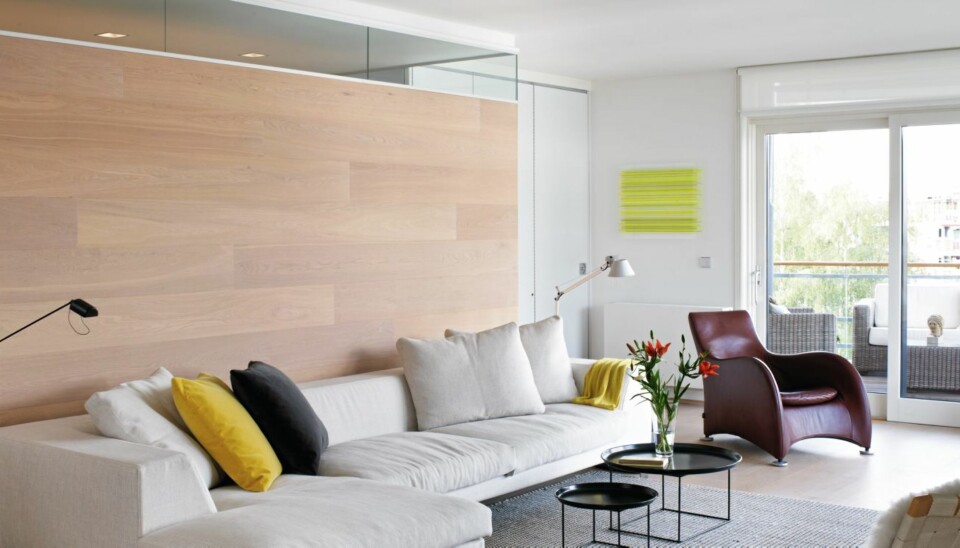 BOKSET INN. Parketten på gulvet strekker seg oppover langs den ene veggen på boksen. I eikeboksen er det garderobe og bad. Det er skyvedørerer i glass på sidene slik at lyset slipper gjennom. Hvite skyvedører til høyre fører inn til soverom.