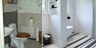 FØR OG ETTER: Bad og toalett lå tilstøtende rom og fikk både praktisk og estetisk overhaling.