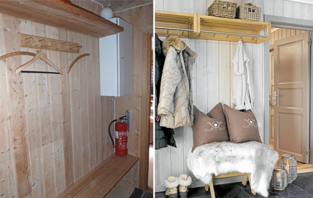 PRAKTISK GANG: Den gamle gangen var mørk med få knagger til yttertøy.Nå har gulvbelegget måttet vike plass for mørkegrå skiferfliser med varmekabler under. En lokal snekker har laget krakken etter Mariannes tegninger. Hyllen med knagger gir bedre plass til oppbevaring av klær. PRAKTISK GANG: Den gamle gangen var mørk med få knagger til yttertøy.Nå har gulvbelegget måttet vike plass for mørkegrå skiferfliser med varmekabler under. En lokal snekker har laget krakken etter Mariannes tegninger. Hyllen med knagger gir bedre plass til oppbevaring av klær.