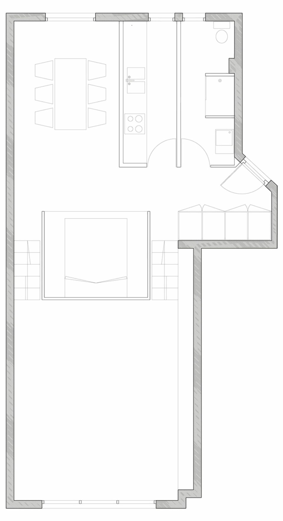 PLANTEGNING: Leiligheten er smal og lang med kuben sentrert i midten.