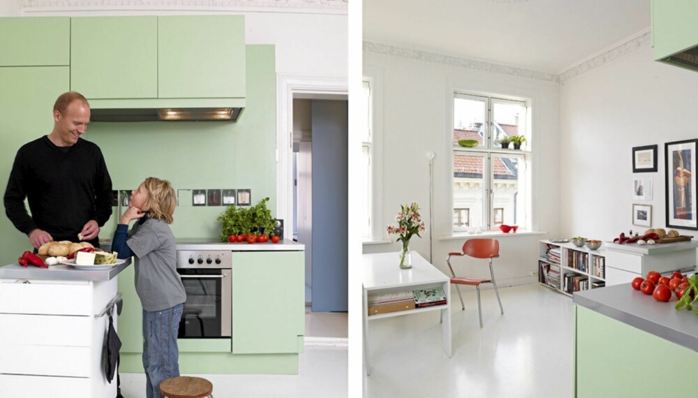 PISTASIEGRØNN FORNYELSE: Arkitektpappa Christian Dahle fikk maks særpreg ut av et standardkjøkken fra Ikea.