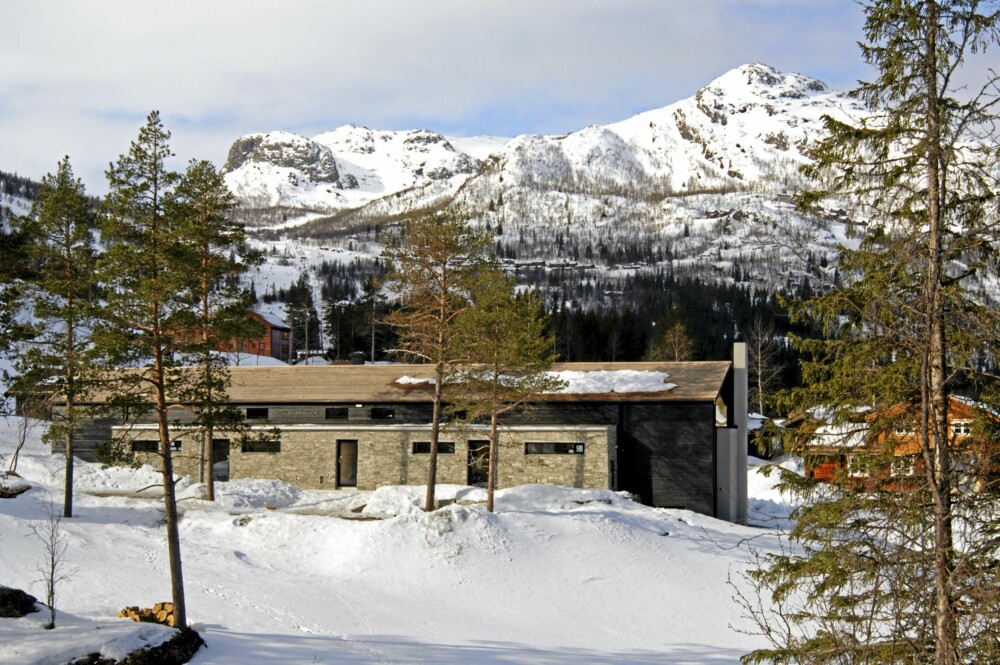 DISKRE MATERIALER: Fra siden ser man hvordan hovedmaterialene  i hytta; stein, tre og glass spiller sammen. Med diskre farger forstyrrer ikke bygningen landskapet unødig.