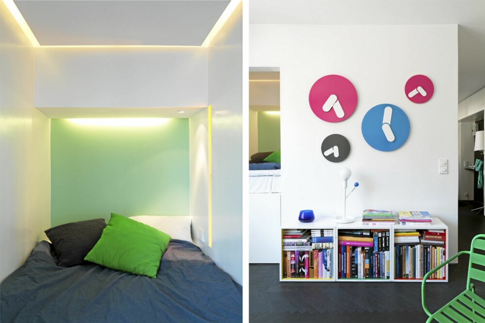 MINISOVEROM: Sovealkoven er 120 cm bred. Lyskildene er innfelt og skjult for mest mulig myk belysning. Sengen er plassert høyt oppe for å skape plass for oppbevaring. Veggurene er mer til pynt enn til nytte. MINISOVEROM: Sovealkoven er 120 cm bred. Lyskildene er innfelt og skjult for mest mulig myk belysning. Sengen er plassert høyt oppe for å skape plass for oppbevaring. Veggurene er mer til pynt enn til nytte.