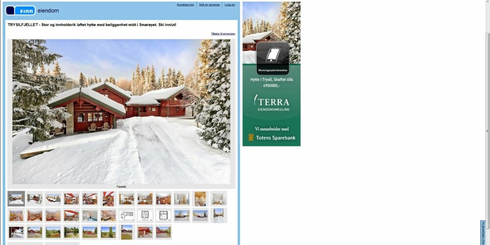 MYE TIL SALGS: Trysil var den enkeltkommunen hvor det ble solgt flest hytter i fjor. Bildet viser en hytte til salgs i Trysilfjellet i øyeblikket. Primærrom 188 kvm med 7 soverom. Prisantydning 4.900.000 kroner.