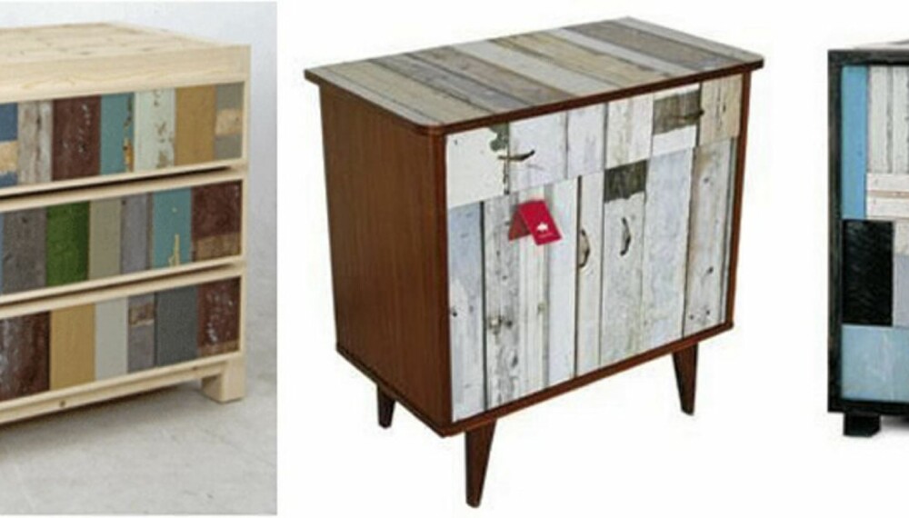 KOPIERT: Først står Piet Hein Eeks original fra 1990, dernest en redesignet versjon fra 2009. Den har Studio Ditte laget av et gammelt møbel med scrapwood-tapet på. Sist står et skap designet av Margaret Taylor (Dryads dancing), fra 2007.
Foto: Produsentene KOPIERT: Først står Piet Hein Eeks original fra 1990, dernest en redesignet versjon fra 2009. Den har Studio Ditte laget av et gammelt møbel med scrapwood-tapet på. Sist står et skap designet av Margaret Taylor (Dryads dancing), fra 2007.
Foto: Produsentene