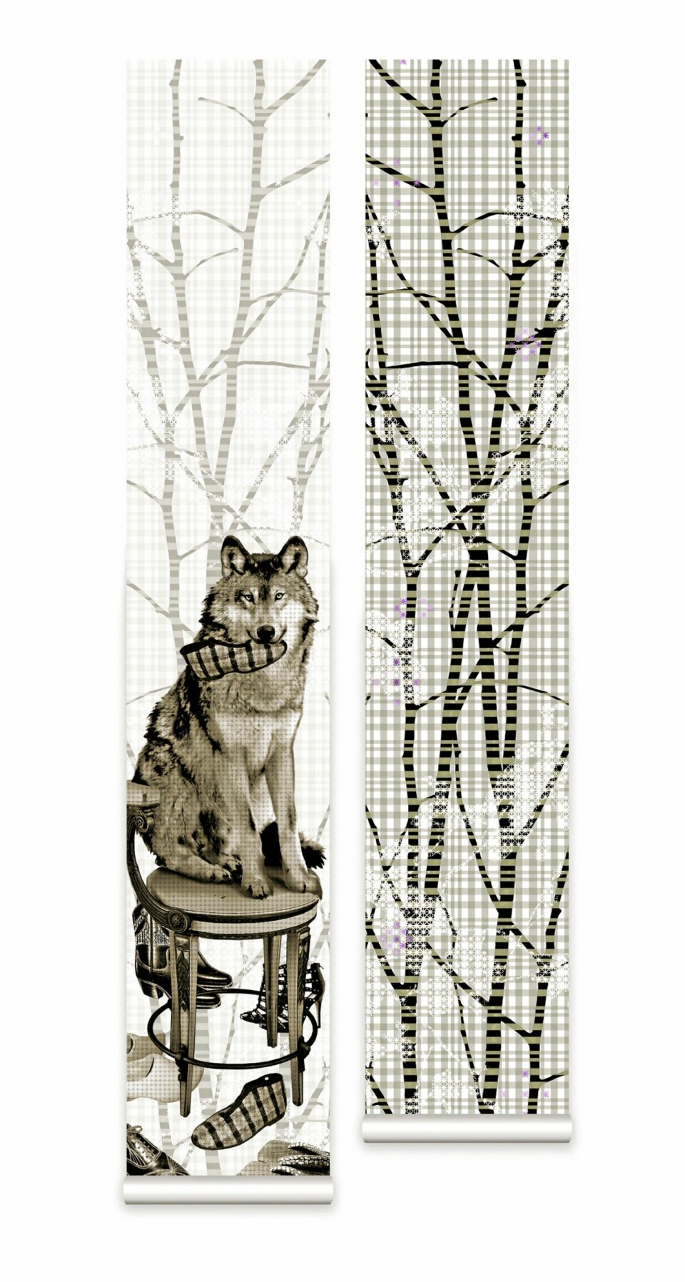 ULVETIDER: Dyrisk tapet fra Scandinavian Surface. Ulvemotivet passer sammen med skogen av tapetpaneler.