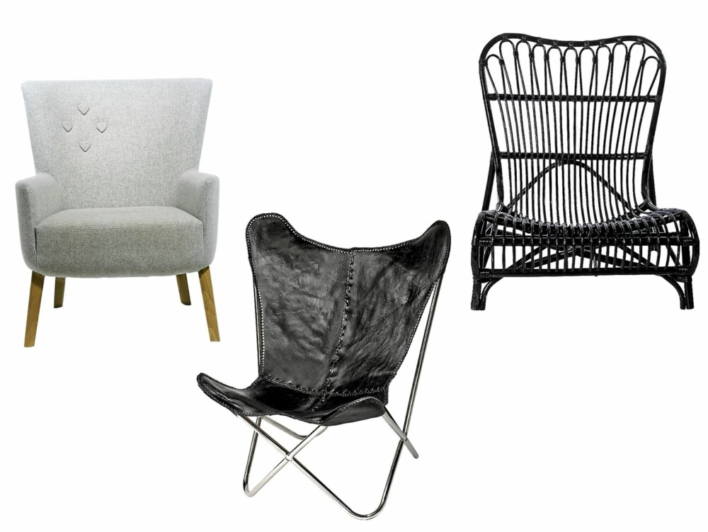 MODERNE LENESTOLER: Deadgood Love chair fra ambientliving.dk, Butterfly sammenleggbar stol fra Nordal (3700,-) og lav kurvstol fra House Doctor (2625,-).