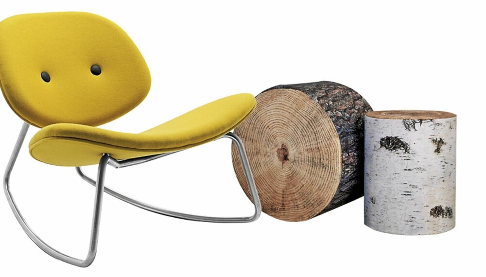 SISTE NYTT TIL STUA: Tør du ha dette i stuen? Trekrakker i bjørk og furu fra Ygg&Lyng (1490,-/1990,-) og Rock chair fra BoConcept (6390,-).