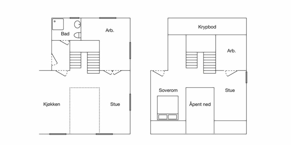 MASTERPLAN: Skissen til venstre viser 1. etasje, den til høyre viser 2. etasje. Prosjektet er tegnet av arkitektene Kristin von der Lippe og Magnus Lindseth. Ombygningen er prosjektert av Byggmester Bjørn Aarvik. Mye av arbeidet er utført av beboerne selv.