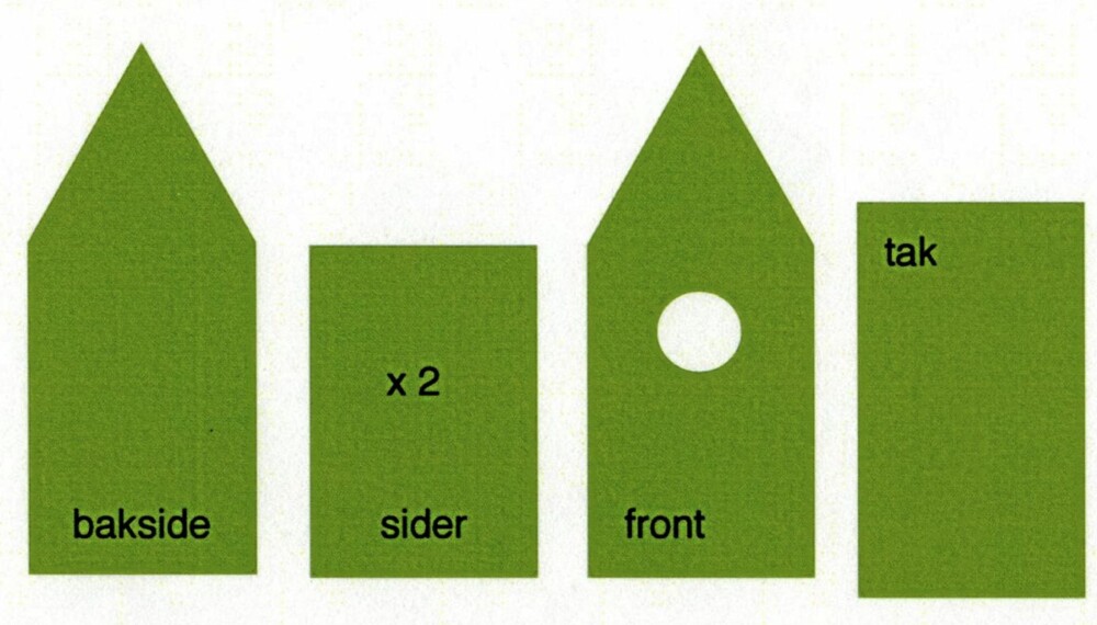 MALEN: Delene du skal strikke for å lage trekket til fuglehuset.