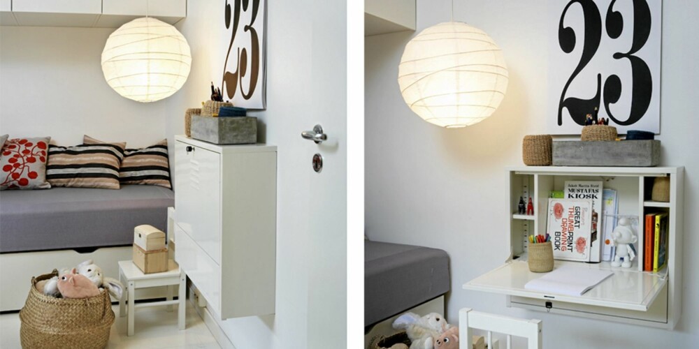 SMART SKRIVEBORD: Odas skrivebord fra Ikea kan monteres høyere opp etter hvert som hun vokser. Når det ikke er i bruk, slår hun opp klaffen så hun får bedre plass. SMART SKRIVEBORD: Odas skrivebord fra Ikea kan monteres høyere opp etter hvert som hun vokser. Når det ikke er i bruk, slår hun opp klaffen så hun får bedre plass.