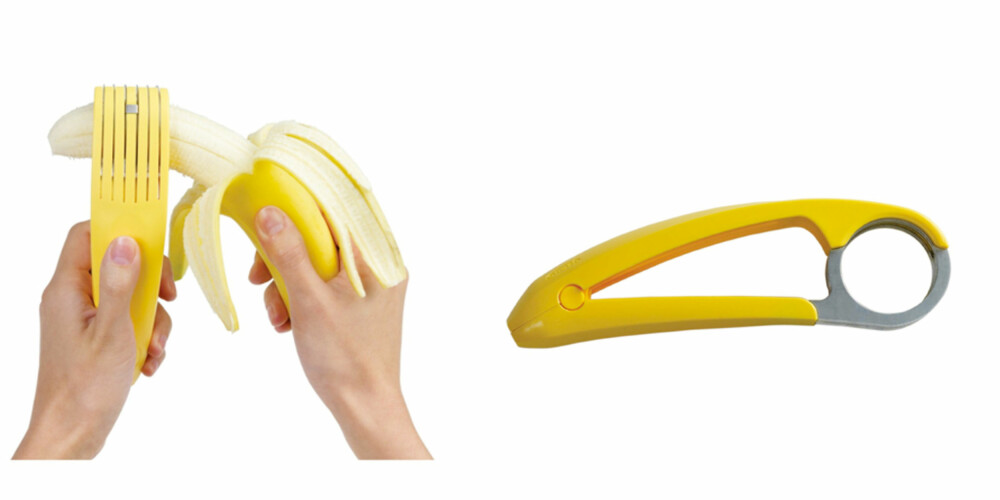 SOM EN PROFF: Med banankutteren skjærer du de peneste bananskivene du noen gang har skjært.