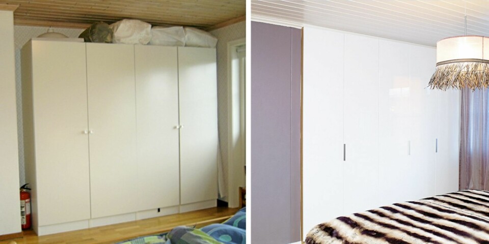 FØR OG ETTER: For å binde rommet sammen og unngå en hvit, pregløs vegg, ble pipeløpet som rammer inn skaprekken malt grålilla. Fargen NCS S 5010-R10B er avledet fra en av tapetets mange nyanser.