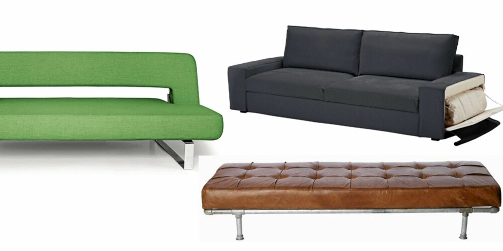 MANGE STILER: Den grønne sofaen er en nyhet fra danske Innovation. Den kan også fås i rosa og blått, kr 7165, Blåmann. Øverst er en sofaen Kivik med oppbevaringsplass for sengetøy i armlenet, kr 4490, Ikea. Nederst er en sjeselong i lær fra House Doctor, kr 14 750, Tina Sand Agenturer.