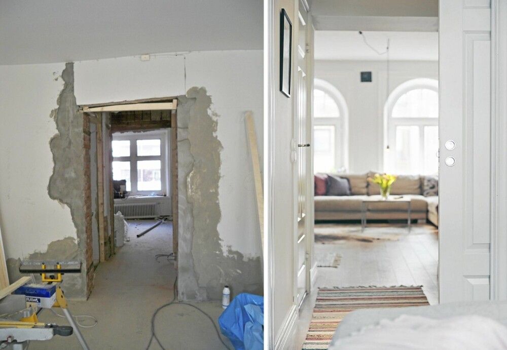 FØR OG ETTER: Fra gangen ser man inn til den nyrenoverte stuen. FØR OG ETTER: Fra gangen ser man inn til den nyrenoverte stuen.