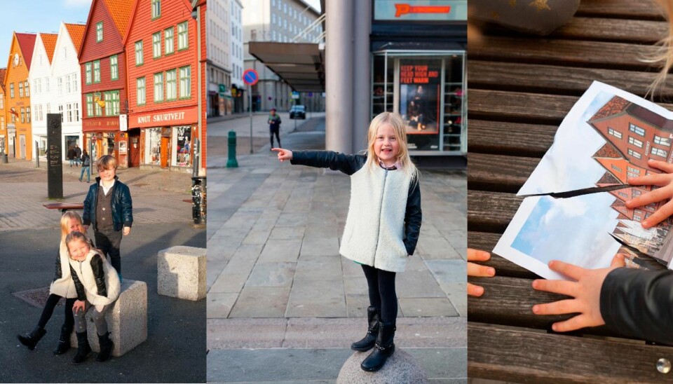 KREATIV BYTUR: Ta med deg ungene på oppdagelsesferd! Filippa, Leonora og Ferdinand syntes det var veldig spennende å gå på rebusløp i sin egen by.