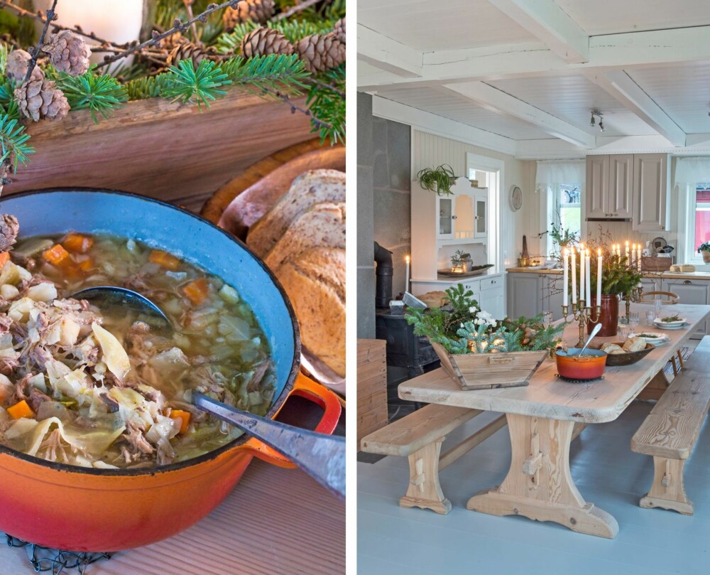 DEILIG ELGSUPPE: Nystekt brød smaker godt til elgsuppa Camilla skal servere familien til middag i dag. Elgen har mannen i huset skutt selv. LANGBORD: Langbordet som Oddvar har laget er flittig brukt. Her er det mer enn nok plass til å bake og be inn til fest.