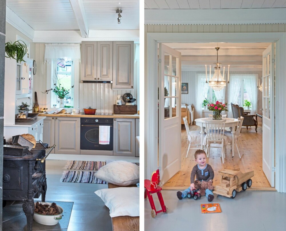 KJØKKEN: Oddvar har bygd kjøkkeninnredningen selv, ved hjelp av sin tante. Innredningen er malt i fargen Marrakech. STUE: Et rundt bord midt i rommet gir storsalfølelse og er flott om man har store nok rom til det. Når paret åpner dobbeltdørene inn til stua blir det nesten som ett stort rom. Her er det god plass for lek og moro for store og små. KJØKKEN: Oddvar har bygd kjøkkeninnredningen selv, ved hjelp av sin tante. Innredningen er malt i fargen Marrakech. STUE: Et rundt bord midt i rommet gir storsalfølelse og er flott om man har store nok rom til det. Når paret åpner dobbeltdørene inn til stua blir det nesten som ett stort rom. Her er det god plass for lek og moro for store og små.