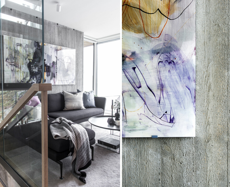 KONTRASTFYLT: 1. Det stripete pleddet er en spennende kontrast til de organiske formene i bildet. Glassveggene i huset gir diskrete overganger mellom de ulike sonene. Pleddet er fra eskeinterior.no. 2. Det flotte bildet på veggen satte føringer for resten av interiøret. Kunstneren har malt på pleksiglass og deretter snudd bildet rundt.