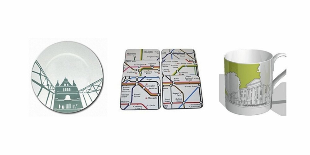 GRAFISK: Tallerken med grafisk motiv,  London transport museum, brikker med kart,  London transport museum, og kopp i grønt fra Saatchi Gallery/Culturelabel.com