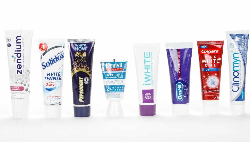 TEST AV TANNKREM: Vi har testet åtte ulike tannkremer som alle påstår at de gir hvitere tenner. FOTO: Petter Berg