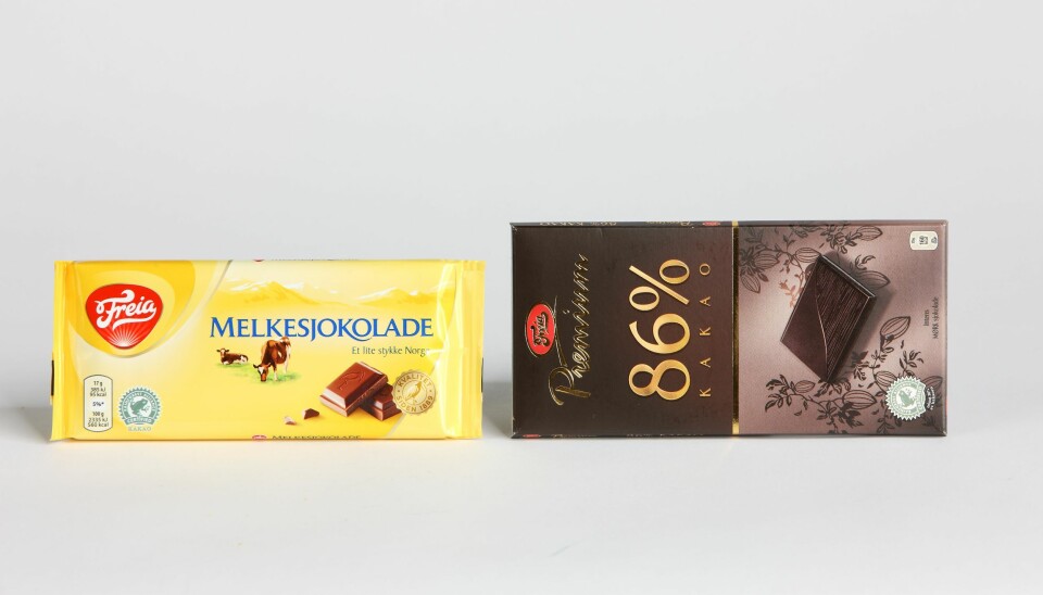 KALORIER I SJOKOLADE: Det er ikke gjort sammenligning på produktspesifikke varer (altså ikke de to på bildet), men nøytrale varer fra Matvaretabellen. FOTO: Bjørn Inge Karlsen