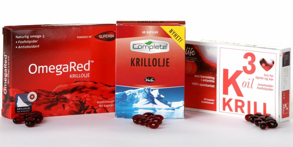 KRILLOLJE: Klikk Helse og bladet Bedre Helse har sett nærmere på innholdet i tre utvalgte krilloljekapsler. Fra venstre OmegaRed (Medica Nord AS), Krillolje (Weifa AS) og K3 oil Krill (Life Scandinavia AS).