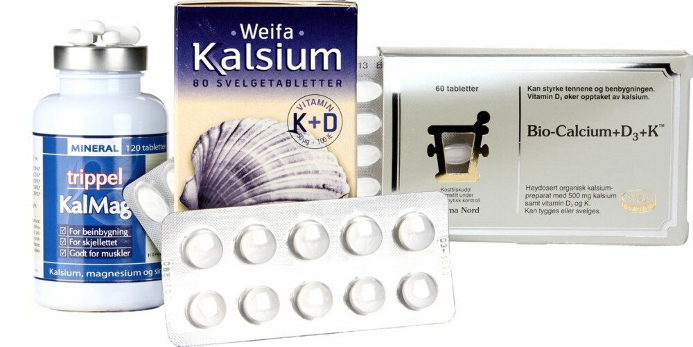 KALSIUMTILSKUDD: Fra venstre Trippel KalMag (Biopharma AS), Weifa Kalsium (Weifa AS) og Bio-Calcium+D3+K (Pharma Nord).