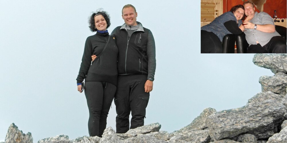 STABIL VEKT: Elisabeth Hjelmeset og Thomas Muggerud har nå til sammen gått ned 105 kilo. Bildet i hjørnet er tatt i mai 2011 mens det store bildet er tatt i august 2013.