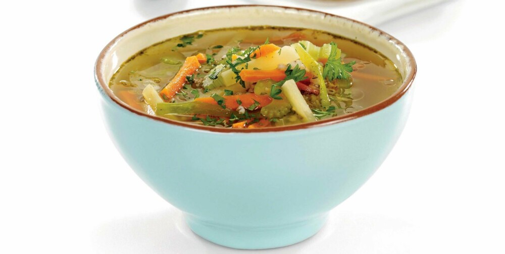 VEGETABLE SOUP: With barley groats, carrots, parsley root, onion, turnip, leek and celery.