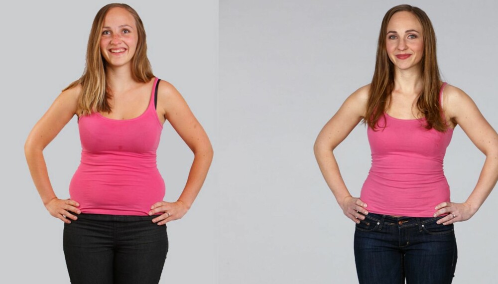 FØR OG ETTER: Bildet til venstre ble tatt da Ann Charlotte såvidt var i gang med kostomleggingen. Da hadde hun allerede gått ned 2 kilo. Nå, halvannet år etter, holder hun fortsatt idealvekten. (Sminke og hår: Silje Anett Haugen)