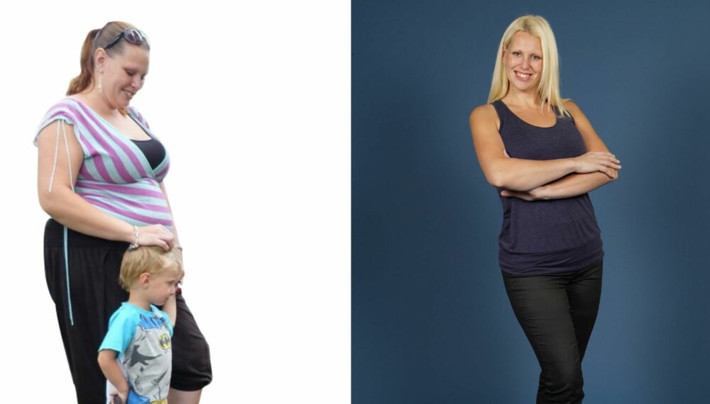 FØR OG ETTER: Bettina Pearl Nielsen (31) gikk ned 38 kilo på 45 uker. Nå er hun glad for at hun kan leke med sønnen sin og være en aktiv mamma.