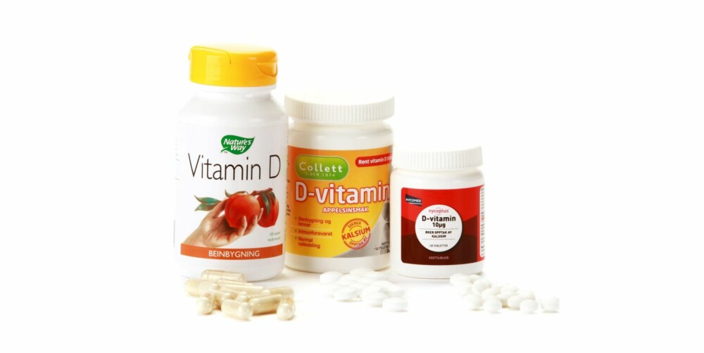VITAMIN D: Tilskuddene vi har vurdert er fra venstre: Natures Way Vitamin D produsert av R/O Natures Way, Collett D-vitamin med appelsinsmak produsert av Axellus AS og Nycoplus D-vitamin produsert av Nycomed Pharma AS.