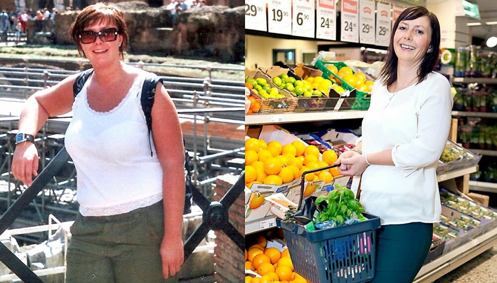 KOSTHOLD: Det er 25 kilo mellom disse to bildene. Det var i forbindelse med en ferietur til Roma (bildet til venstre) at Maria bestemte seg for å legge om vanene sine. I dag ( til høyre) er hun svært bevisst på hva hun kjøper i matbutikken.