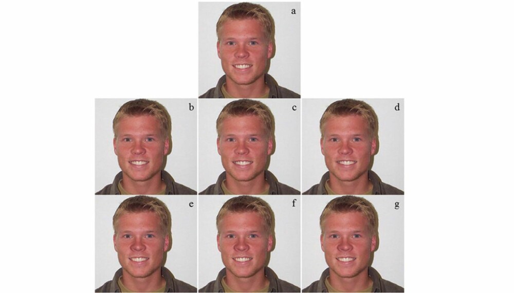 ANSIKTSSYMMETRI: Ett sett av bilder, karakterisert ved at høyre side av nesen og munnen ble brukt til å lage ansiktet symmetrisk. (A) Umanipulert flate (B) Høyresymmetrisk, sentrert munn (C) Høyre-symmetrisk munn, forskjøvet 0,5 cm til høyre (D) Høyre-symmetrisk munn, forskjøvet 1,0 cm til høyre (E) Høyre-symmetrisk, sentrert nese (F) Høyre-symmetrisk nese, nesetipp forskjøvet 0,5 cm til høyre (G) Høyre-symmetrisk nese, nesetipp forskjøvet 1,0 cm til høyre. FOTO: peerj.com