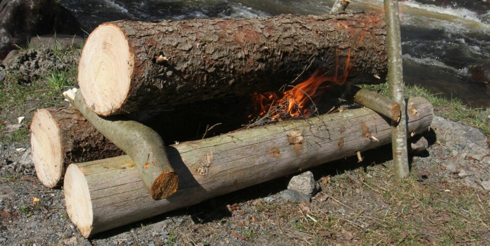 BRENNER LENGE: Stokkvarmen eller nyingen består av to eller tre ganske lange tørrstokker. Disse støttes opp med ferskt løvtrevirke. En stokkvarme brenner i timevis og brukes ofte foran gapahuken.