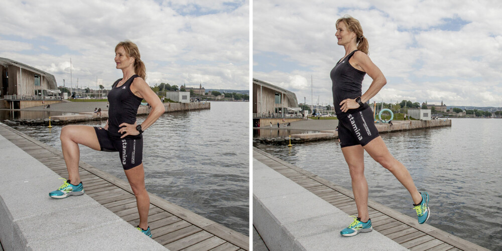 ØVELSE 1: Oppstigning i benk/trapp. FOTO: Jenny Mina Rødahl ØVELSE 1: Oppstigning i benk/trapp. FOTO: Jenny Mina Rødahl