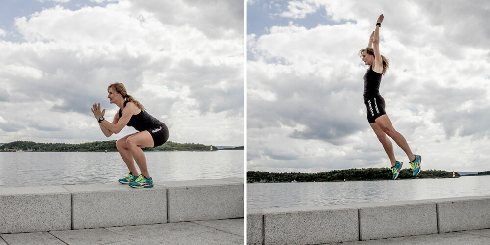 ØVELSE 3: Knebøy med hopp opp. FOTO: Jenny Mina Rødahl ØVELSE 3: Knebøy med hopp opp. FOTO: Jenny Mina Rødahl