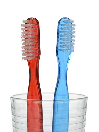 FEIL OPPBEVARING: Ved å oppbevare flere tannbørster i samme glass blir det enklere for bakteriene å spre seg.