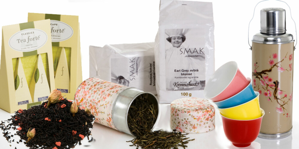 TEDILLA: Fra venstre - Tea Forté, kr 80 for to. Svart romantisk te med rosenknopper fra Black Cat, kr 37 per hekto. Fleur De Geisja i blomsterboks fra Palais des Thés, kr 209. SMAK-te fra Kremmerhuset, kr 29 per stk. Tekopper i forskjellige farher fra Palais des Thés, kr 199 per stk. Termos fra Kremmerhuset, kr 129. TEDILLA: Fra venstre - Tea Forté, kr 80 for to. Svart romantisk te med rosenknopper fra Black Cat, kr 37 per hekto. Fleur De Geisja i blomsterboks fra Palais des Thés, kr 209. SMAK-te fra Kremmerhuset, kr 29 per stk. Tekopper i forskjellige farher fra Palais des Thés, kr 199 per stk. Termos fra Kremmerhuset, kr 129.