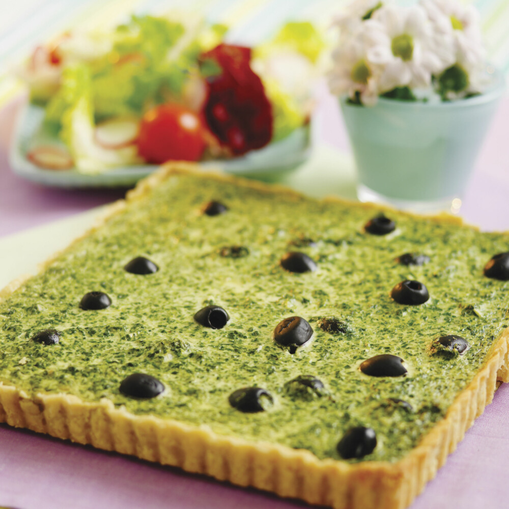 GREEN TOPPING: Spinach and olive pie.