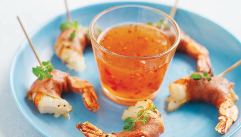 TAPAS: Scampi med spekeskinke.