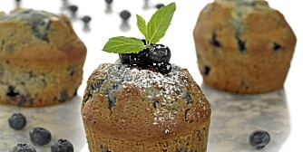 BLÅBÆRMUFFINS: Saftige muffins proppet med blåbær. Foto: Frukt.no.